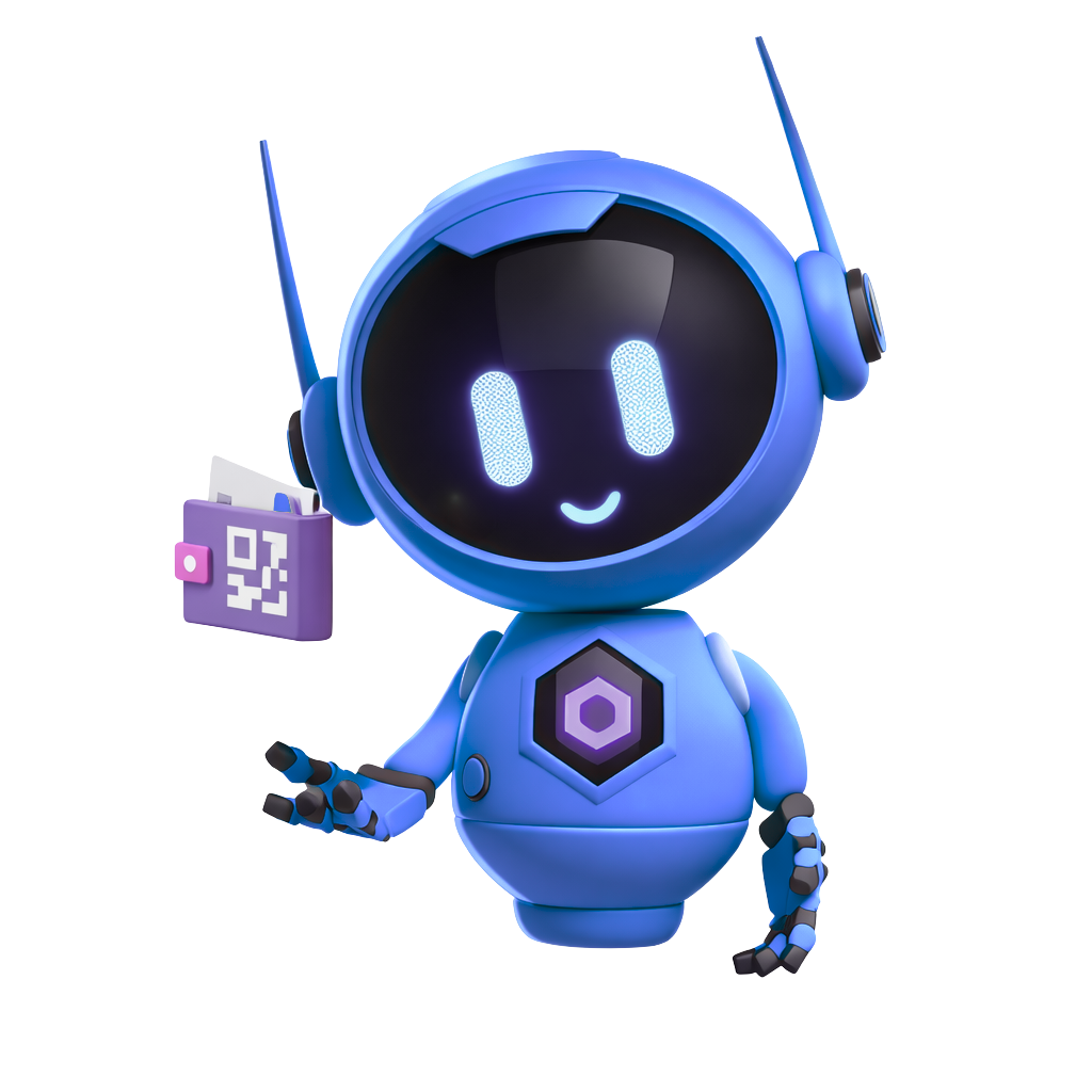 Friendly blue robot holding a digital wallet
